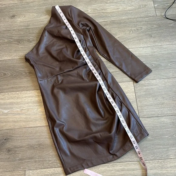 Express Faux Leather One Shoulder Mini Dress Mocha - Picture 8 of 13
